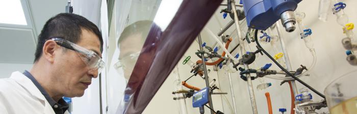 Photograph of a researcher working at a fume hood.